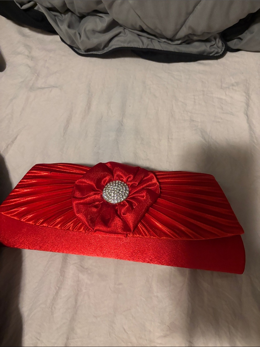 Red Satin Evening Clutch with Decorative Brooch